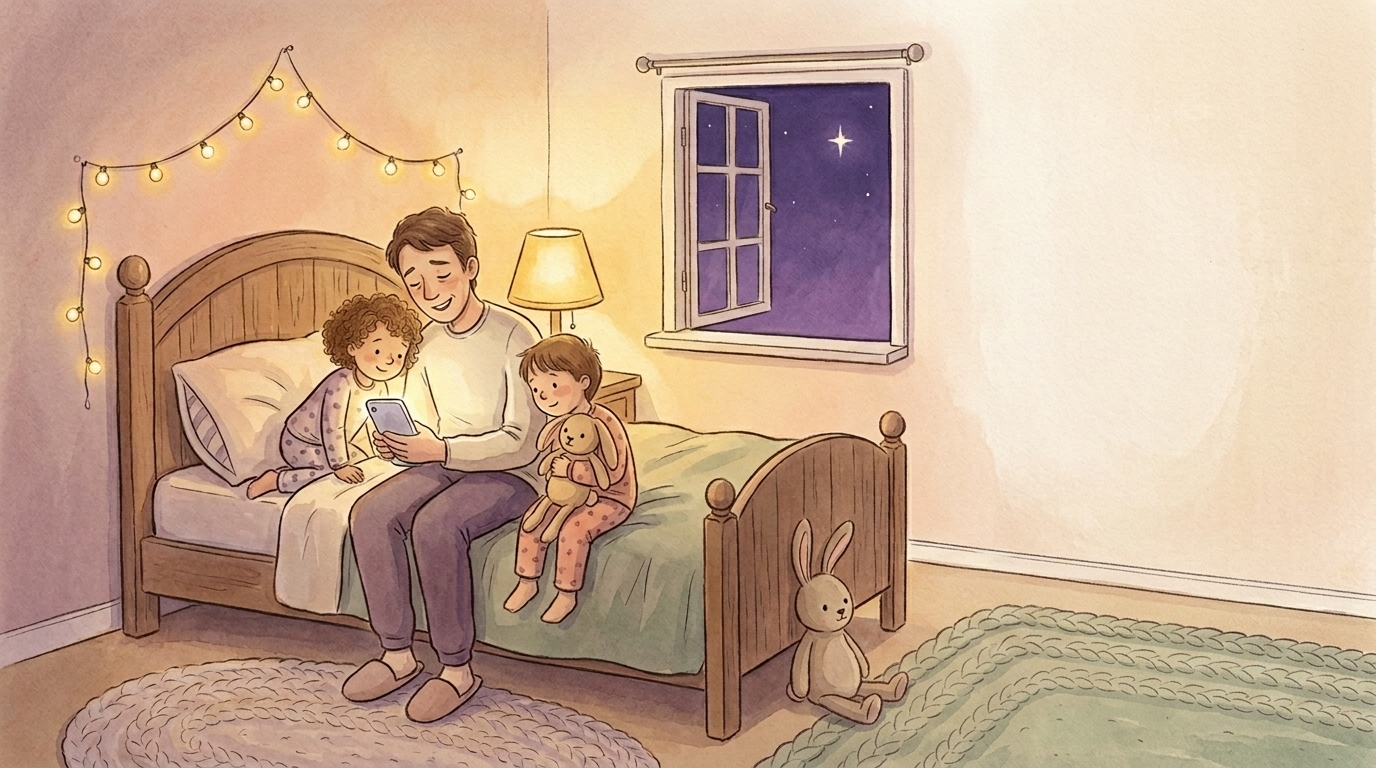 A parent reading a glowing storybook to two children snuggled under fairy lights in a softly-lit bedroom.