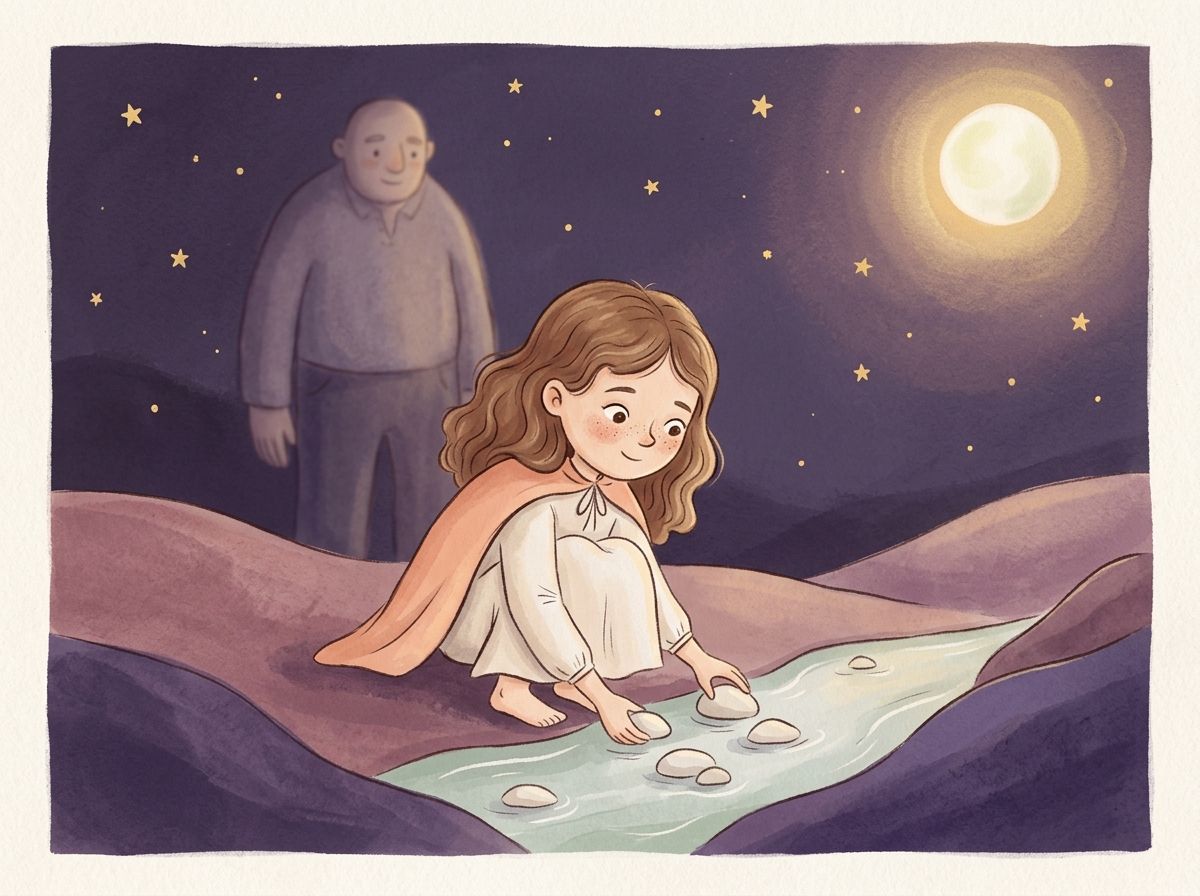 Storybook page: Mia at a moonlit creek picking up five smooth stones, with a gentle giant in the distance.