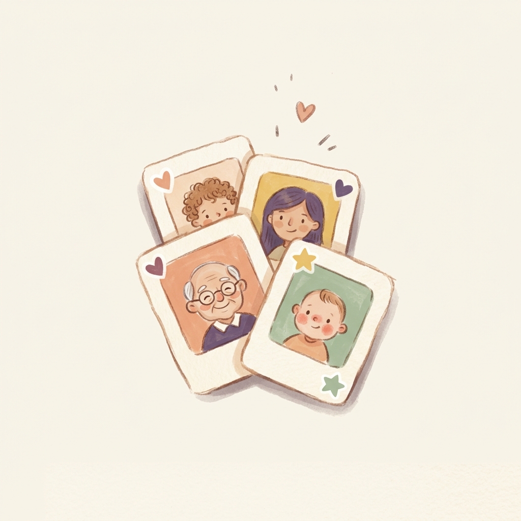 Three illustrated character cards in a soft fan, representing family members.