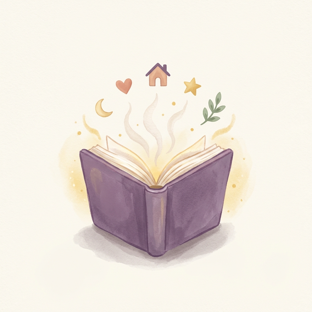 An open storybook with little symbols of moon, heart, home, and star floating upward.