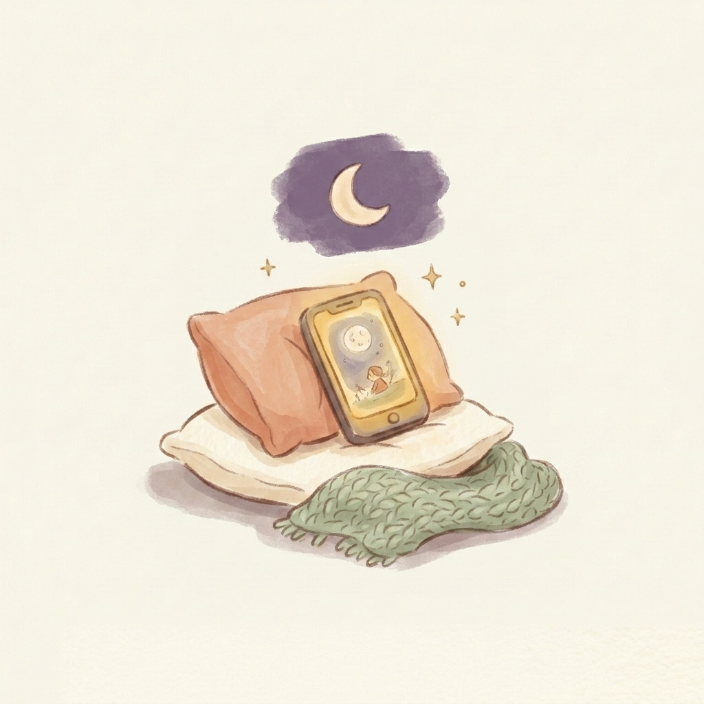 A glowing phone propped on cozy pillows under a crescent moon.
