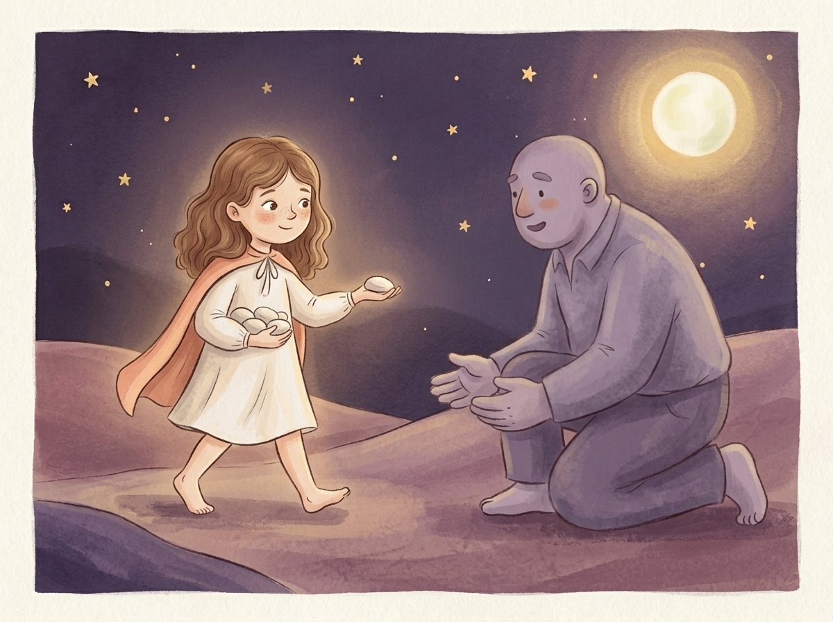 Storybook page: Mia walking up to a gentle giant under a starry plum sky, five stones in her pocket.